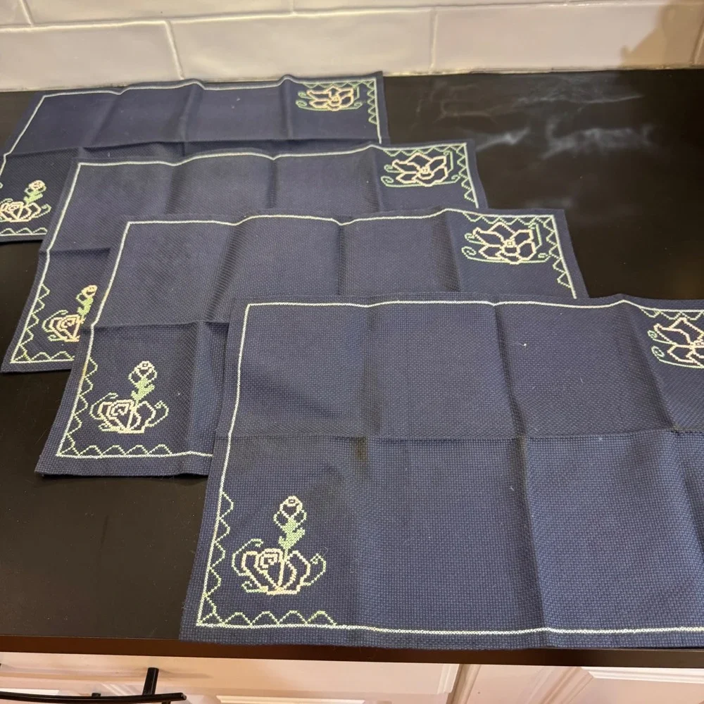 Vintage Placemats Set of 4 Navy Blue Rose Cross Stitch Floral Cottagecore 16x11